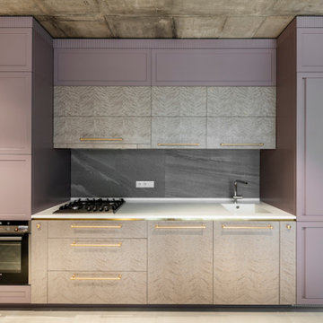 White Corian & Tabu Veneer Kitchen with Neolith Backsplash and Golden Details