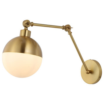 Alba 8" 1-Light Arm-Adjustable Iron/Glass LED Sconce, Brass Gold/Frosted