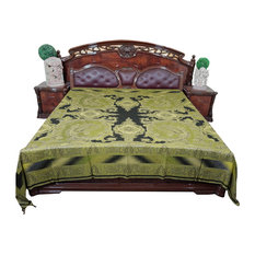 Mogul Interior - Bedspread Green Black Reversible Blanket India Bedding Bedcover - Blankets