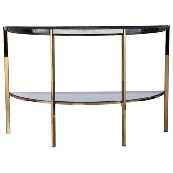 Elegant Console Table, Golden Legs With Faux Marble Top & Smoked Glass Shelf