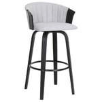 Armen Living - Diana Swivel Black Wood Counter Stool, Light Gray Fabric - Elevate any corner with the chic style and linger-worthy comfort of our Diana Upholstered Swivel Bar or Counter Stool. The stylish bar stool utilizes bentwood construction to sculpt a stunning barrel back to envelope you in comfort. Its graceful curves are complemented by bentwood legs and a metal ring that acts as a footrest for added comfort and functionality. Finished off with a padded seat and stunning tufting detail on the back, our counter stool allows you to enjoy meals and conversations at a bar or high-dining table with style and comfort. It is available in both faux leather and fabric upholstery to provide an easy-care material for your home. This wood bar stool features a modern and versatile design ideal for your kitchen island, pub table, home bar, or adjustable desk. With durable and sturdy construction, our bar stool can be used anywhere from a kitchen to a home office. It is fitted with a wonderful 360-degree swivel function with a smooth gliding system, allowing you to change direction and follow conversations with ultimate ease. The Diana swivel bar or counter stool easily incorporates into any home and is available in your choice of 26-inch or 30-inch seat height in a walnut wood finish with gray, cream, and black faux leather upholstery, and black wood finish with gray faux leather and light gray fabric upholstery.