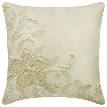 Ivory Throw Pillow Cover, Floral Lace 26"x26" Linen, Wedding Love