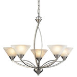 Elk Home - Elysburg 5-Light Chandelier, Satin Nickel And Marblized White Glass, Upside - The Geometric Lines Of This Collection Offer Harmonious Symmetry With A Sophisticated Contemporary Appeal. A Perfect Complement For Kitchens, Billiard Parlors, Or Any Area That Requires Direct Lighting. Featured In Satin Nickel With White Marbleized Glass Or Aged Bronze Finish With Tea Stained Brown Swirl Glass.