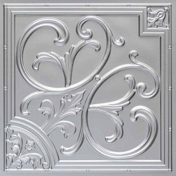 Lilies and Swirls PVC 2' x 2' Faux Tin Ceiling Tile, Pack of 10, Silver