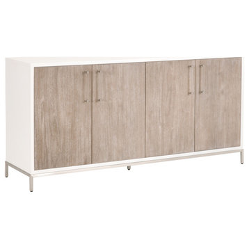 71" White Media Sideboard, Stainless Steel Accent, Natural Gray Acacia