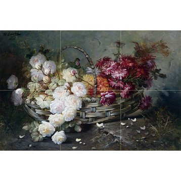 Tile Mural Still Life of Flowers White Roses and Chrysanthemums, Ceramic Glossy