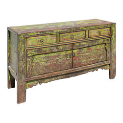 Chinese Distressed Lime Green 3 Drawers Sideboard Table Cabinet - Bathroom Vanities And Sink Consoles