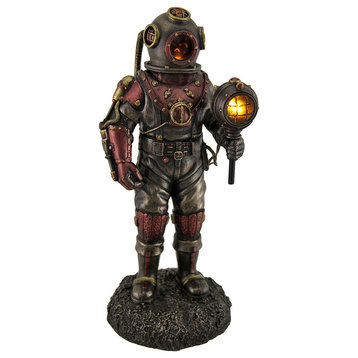 Lighted Steampunk Skeleton In Diving Suit Statue