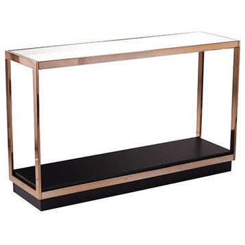 Transitional Console Table, Elegant Golden Frame With Black Display & Glass Top