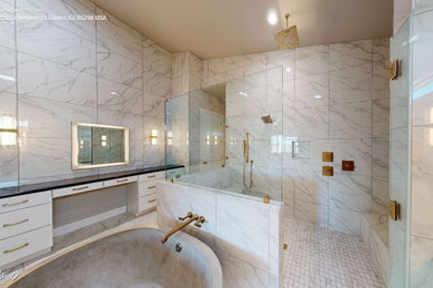 Large transitional master white tile and ceramic tile ceramic tile and double-sink bathroom photo in Phoenix with shaker cabinets, white cabinets, an undermount sink, quartz countertops, a hinged shower door, black countertops and a built-in vanity