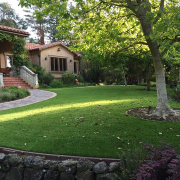 Artificial Turf Front Yard Lawn and Paver Entry Walkway Atherton CA