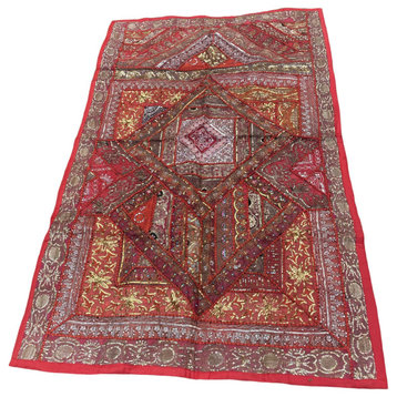Sari Tapestry Red Wall Decor Vintage Zardozi Embroidered Patchwork Tapestry