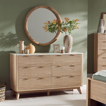 54" Fluted 6-Drawer Dresser - Mid Century Modern Chest with Faux Marble Top