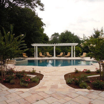 Travertine Lower Pool Patio, Gunite Pool, Custom Curved Pergola