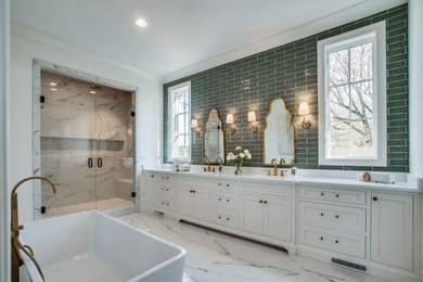 Transitional master green tile and subway tile white floor and double-sink bathroom photo in Nashville with shaker cabinets, white cabinets, white walls, an undermount sink, white countertops, a niche and a built-in vanity