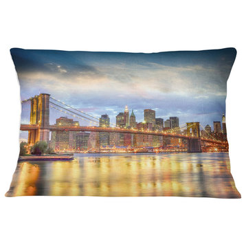 Brooklyn Bridge with Night Illumination Cityscape Throw Pillow, 12"x20"