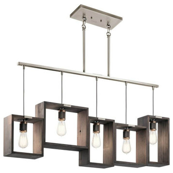 Industrial Frames 5 Light Classic Pewter And Wood Chandelier/Island Light