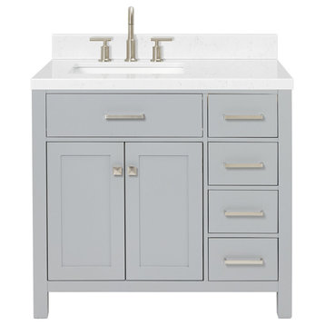 Ariel Bristol 36" Single Left Rectangle Sink Bathroom Vanity, Carrara Quartz, Grey