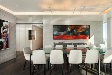 Example of a trendy dark wood floor dining room design in New York