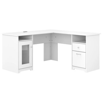 Corner Desk, 2 Drawers & Storage Cabinet With Fluted Glass Door, White