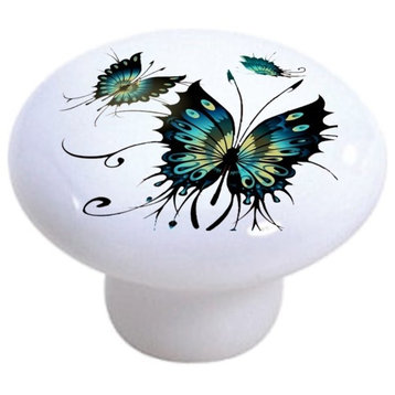 Teal Butterflies Ceramic Cabinet Drawer Knob