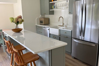 Small transitional galley light wood floor and brown floor open concept kitchen photo in Boston with a farmhouse sink, shaker cabinets, green cabinets, quartz countertops, white backsplash, ceramic backsplash, stainless steel appliances, an island and white countertops