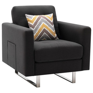 Victoria Dark Gray Linen Fabric Armchair with Metal Legs Side Pockets & Pillow