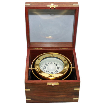 Gimbaled Brass Compass in Wood Box With Glass Top