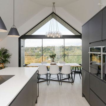 Open plan kitchen diner with feature gable glazing