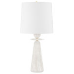 Hudson Valley Lighting - Montgomery 1-Light Table Lamp, Aged Brass - This large-scale, exquisite lamp is statuesque and stylish. An all-alabaster base is detailed with a disc and sphere right below the Belgian linen drum shade. Aged brass accents add just the right flash of color to this all-white fixture. Montgomery is sure to add light and elegance to any tabletop.