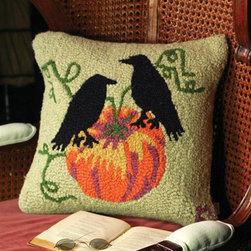 Ravens on A Pumpkin Hooked Pillow - Holiday Decorations