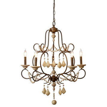 Glam Farmhouse Vintage Style Wooden Bead Drops Chandelier 5 Light Empire Cottage
