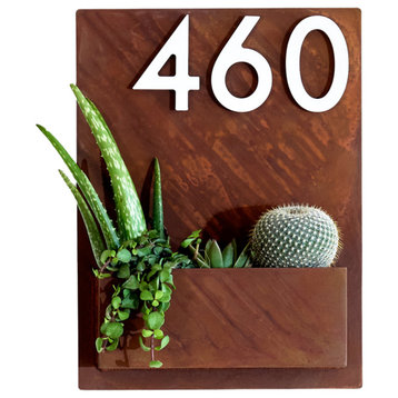 Mid-Century Madness Planter, Rust, Four White Numbers
