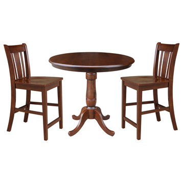 36" Round Pedestal Gathering Height Table With 2 Counter Height Stools, Espresso