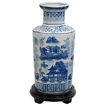 12" Landscape Blue and White Porcelain Vase