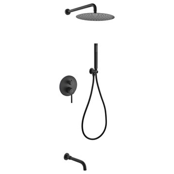 Aqua Rondo Matte Black Shower Set With 8" Rain Shower, Handheld and Tub Filler
