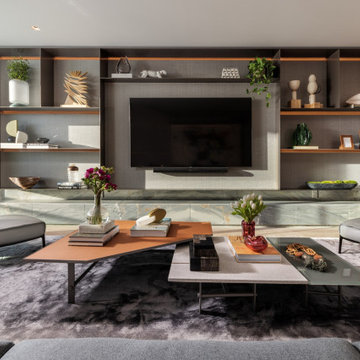 Modern Family Room | Custom Built-Ins and Integrated Media Wall