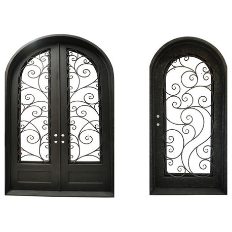 High-End Front Entry Double Wrought Iron Door With Same Style Single Door