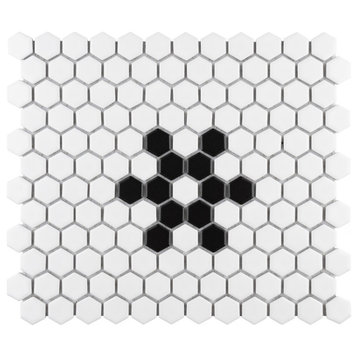 Metro Hex Matte Porcelain Mosaic Floor and Wall Tile, White W/Blk