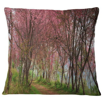 Sakura Pink Flowers in Thailand Landscape Printed Throw Pillow, 18"x18"