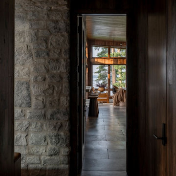 Antique Elm Paneling with Custom Stain in Modern Lakehouse Hallway