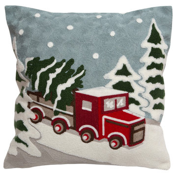 Snow Truck Rustic Cabin Holiday Throw Pillow, Insert Included, 18"x18"