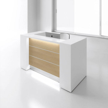 Valde Straight Reception Desk with Storage, Canadian Oak by MDD Furniture