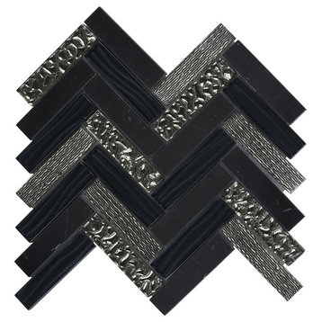 Black Marquina Stone Mosaic Tile Heringbone Backsplash, 11.5"x11.75"