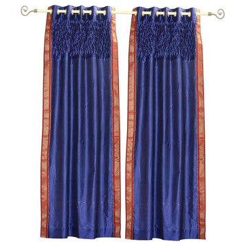 Lined-Blue Grommet Top Sheer Sari Curtain Panel with beaded hand design-Piece