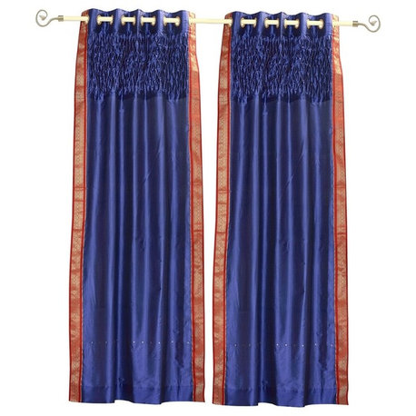 Blue Grommet Top Sheer Sari Curtain Panel with beaded hand designl-Piece