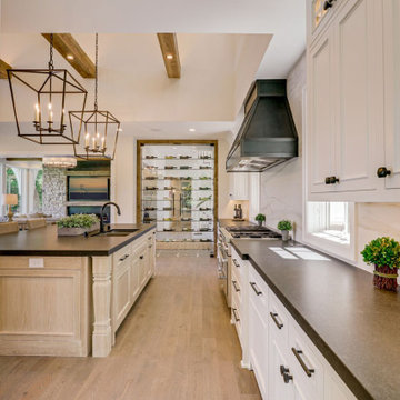 Reclaimed Wood Beams and Wine Rack Frame in Modern Kitchen