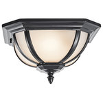 Kichler Lighting - Kichler Lighting 9848BK Salisbury - Two Light Outdoor Flush Mount - With an unmistakable British influence, this elegant flush mount fixture displays enduringly good-taste for exterior applications A Black finish with White-linen glass emits style and refinement for your home 2-light, 40-W. Max. (C) 13-1/2" Sq. Height 28". UL Listed for damp location.* Number of Bulbs: 3*Wattage: * BulbType: A19 Medium Base* Bulb Included: No