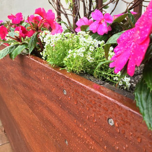 Mittelgroßer Eklektischer Kiesgarten hinter dem Haus mit direkter Sonneneinstrahlung in Orange County