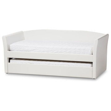 Camino Upholstered Daybed With Guest Trundle Bed, White Faux Leather